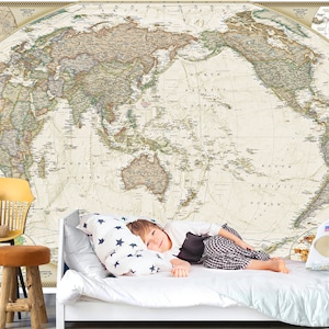 Vintage World Map Fabric Wallpaper Peel and Stick - Printed Wall Murals - Removable Wall Paper - WM002