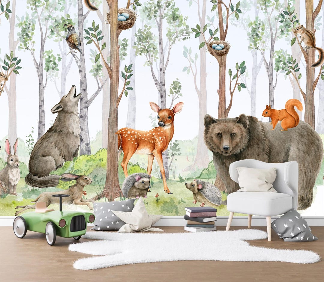 Forest Animals Wall Mural for Kids Room – Watercolor Bear, Deer, Fox ...