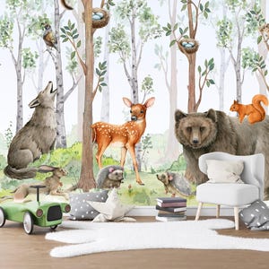 Forest Animals Wall Mural for Kids Room – Watercolor Bear, Deer, Fox, Bunny – Woodland Nursery Wallpaper - WM024