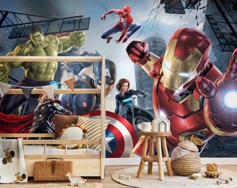 May include: A child's bedroom with a Marvel superheroes mural, including Iron Man, Hulk, Captain America, and Spider-Man. The room has a wooden bed frame, decorative pillows, and a small wooden side table with a woven basket.