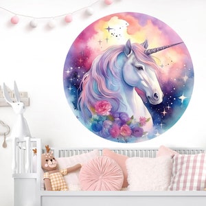 Vibrant Watercolor Unicorn Cartoon Round Wall Decal - Girl Room Decor - BR443