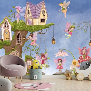 Magical Fairy House Wall Mural – Watercolor Girls Room Wallpaper, Enchanted Forest Treehouse Decal, Custom Sizes Available - WM021