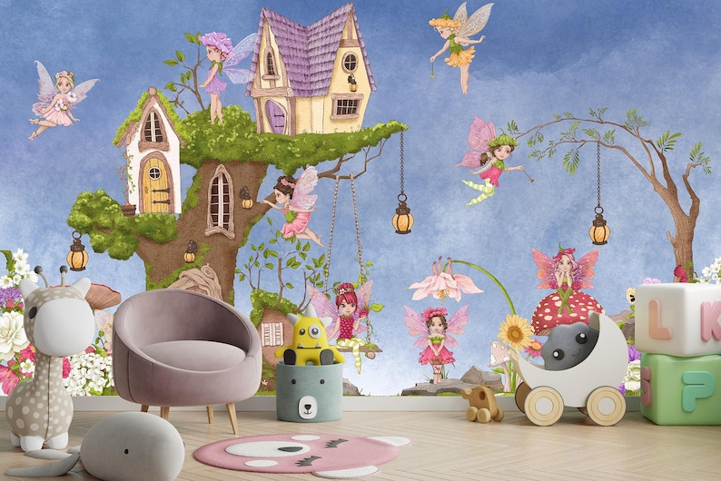 Magical Fairy House Wall Mural – Watercolor Girls Room Wallpaper ...