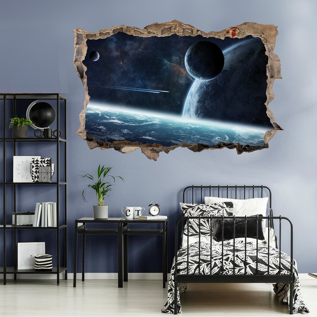 Blue Cosmos Planet Earth Space 3D Broken Wall Decal - Removable Peel ...