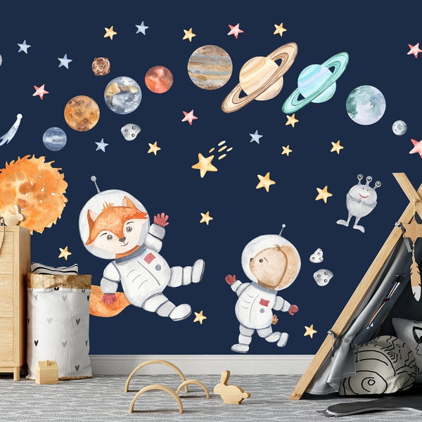 Solar System Astronaut Outer Space Rocket Planets Earth Asteroids Nursery Wall Decal - BR137