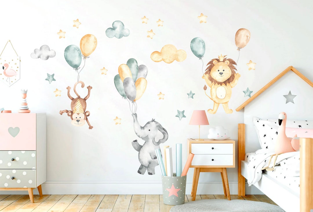 Adventurous Animal Trio Flying With Balloons in Starry Sky Wall Decal ...