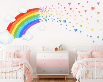 Rainbow Hearts Cloud Wall Sticker - Colorful Watercolor Decal for Kids Room Decor - BR222
