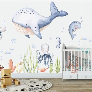 Underwater World Baby Marine Life Wall Decal - Orca Narwhal Sea Turtle Octopus Jellyfish Seahorse Seaweed - BR095