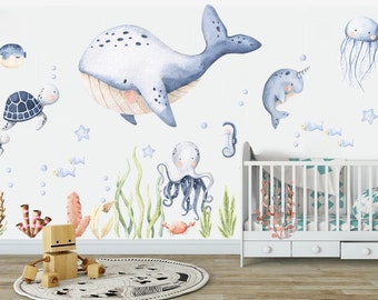 Underwater World Baby Marine Life Wall Decal - Orca Narwhal Sea Turtle Octopus Jellyfish Seahorse Seaweed - BR095