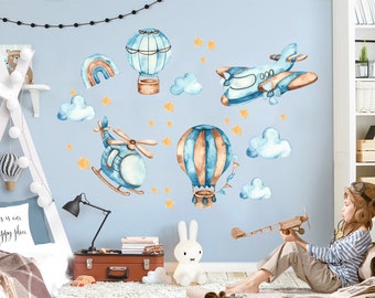 Blue Hot air balloon airplane helicopter Wall Decal - Boys Room Gift - BR139
