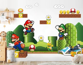 May include: A wall decal featuring characters and elements from the Super Mario video game series. The scene includes Mario and Luigi, along with iconic items like coins, mushrooms, and question mark blocks, set against a green and brown landscape.