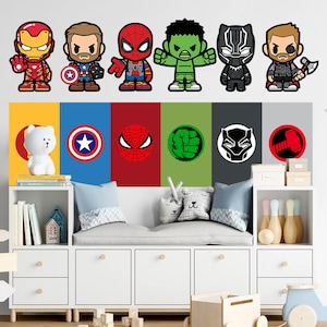 May include: A white bench with a grey cushion and pillows. Above the bench are six colourful superhero character stickers on a white wall. The stickers are of Iron Man, Captain America, Spiderman, Hulk, Black Panther, and Thor.