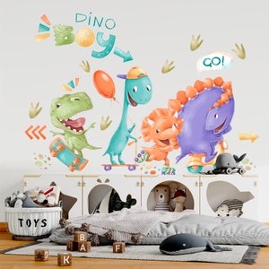 Watercolor Dinosaurs Riding Skateboards, Petals, Rollerblades, Mini Motorcycles Wall Decal - Boy’s Room Gift - BR164