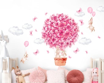 Bunny in Flower Balloon Wall Decal - Floral Surrounding, Watercolor Style - Girls' Room Decor -  BR320