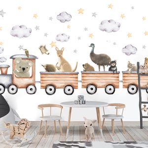Australian Animal Train Wall Decals – Koala Kangaroo Emu Wombat Nursery Stickers | Fabric Removable Baby Room Decor - BR520