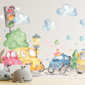 Cartoon Car Wall Decals for Kids Room – Watercolor Removable Road Traffic Vehicles, Traffic Light & Tree Decor, 38 Stickers Set-BR154