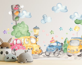 Cartoon Auto Wandaufkleber für Kinderzimmer - Abnehmbare Aquarell Straßenverkehr Fahrzeuge, Ampel & Baum Dekor, 38 Aufkleber-BR154