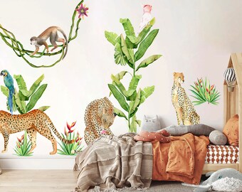 Autocollant mural Wildlife Adventures – Famille de guépards, singes balançants, perroquet sur palmier – BR216