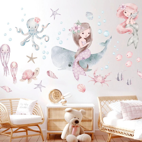 Sticker mural sirène aventure sous-marine aquarelle - Déco pour chambre de fille - BR364