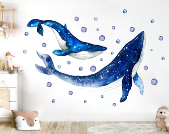 Whale Mom and Baby in Blue Bubbles Wall Decal - Removable Peel and Stick - BR413