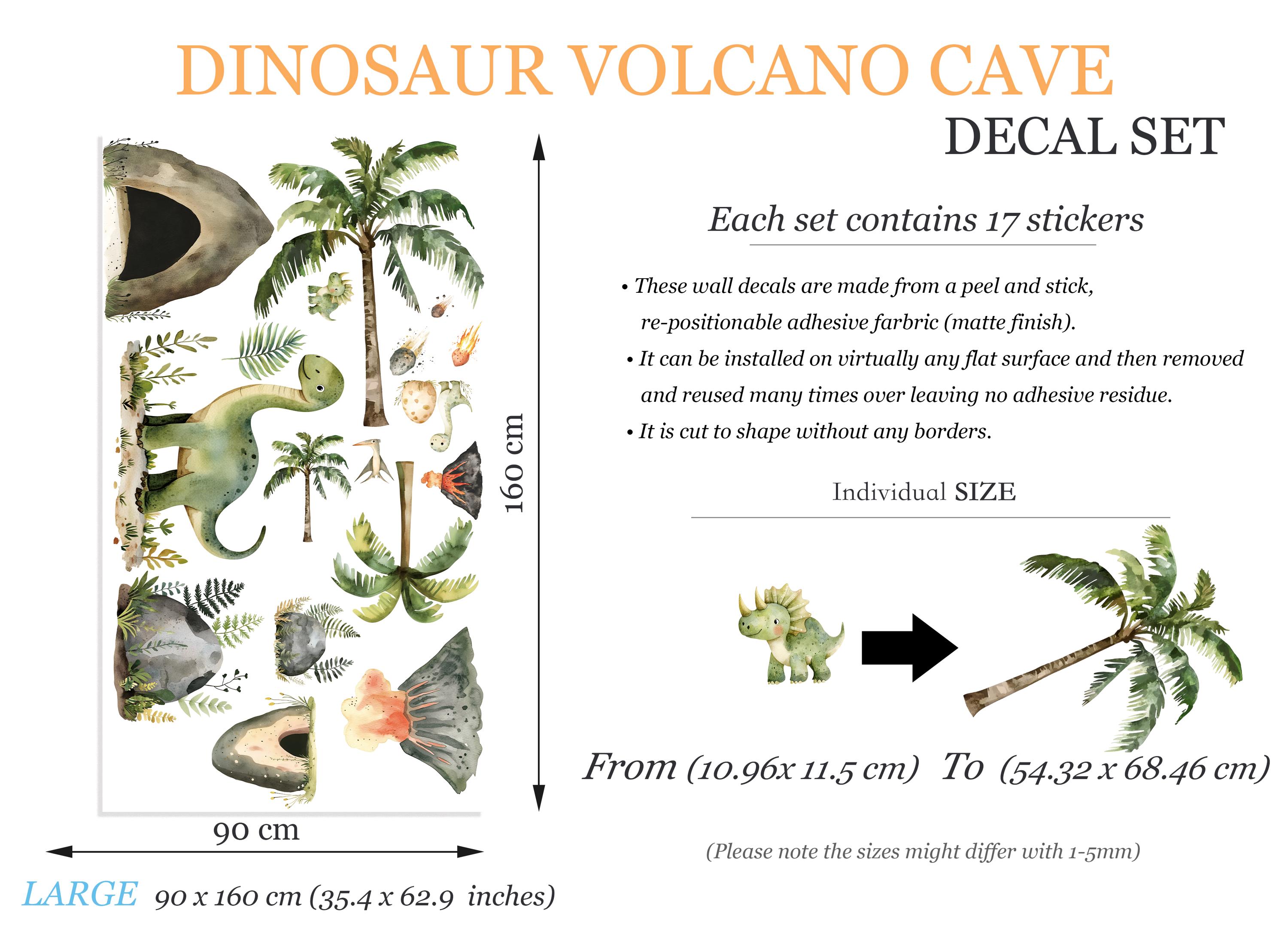Dinosaur Volcano Wall Decal Set - Cute Watercolor Dino & Volcano ...
