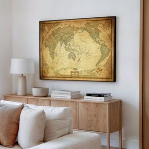 Vintage World Map Canvas Centered on Australia – Antique Style Wall Art – Old Map Reproduction for Office, Study or Living Room Decor-MAP001