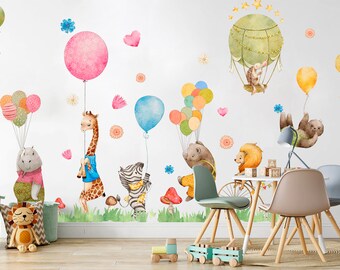 Animal Balloon Party Wall Decal - Giraffe, Hippo, Bear Playing in Meadow with Balloons - BR134