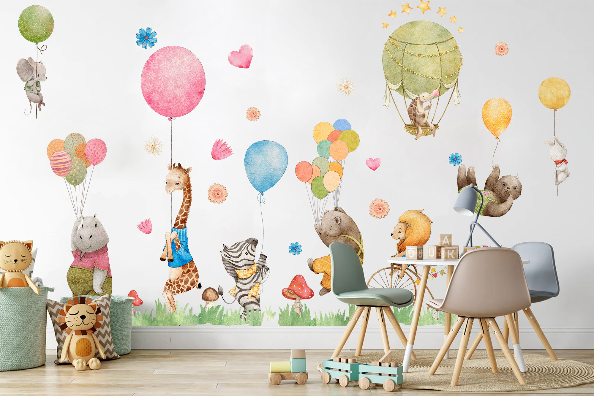 Animal Balloon Party Wall Decal - Giraffe, Hippo, Bear Playing in Meadow with Balloons - BR134
