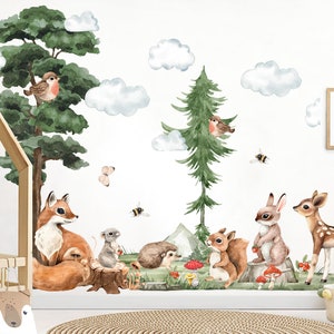 Woodland Baby Animals Cartoon Forest Wall Decal - Bunny Squirrel Fox Deer Bird Hedgehog - BR332