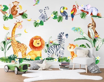 African Animals and Plants Wall Decal - Giraffe Lion Coconut Trees Koala Zebra Monkey - BR263