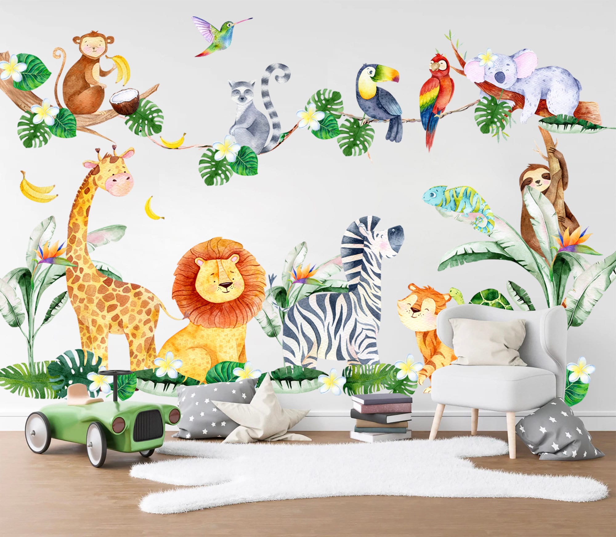 Stickers Muraux Animaux Jungle - 2 Feuilles 30x90cm - Décoration Chambre Enfant, Bébé - Autocollants PVC, Faciles à Poser - Thème Safari