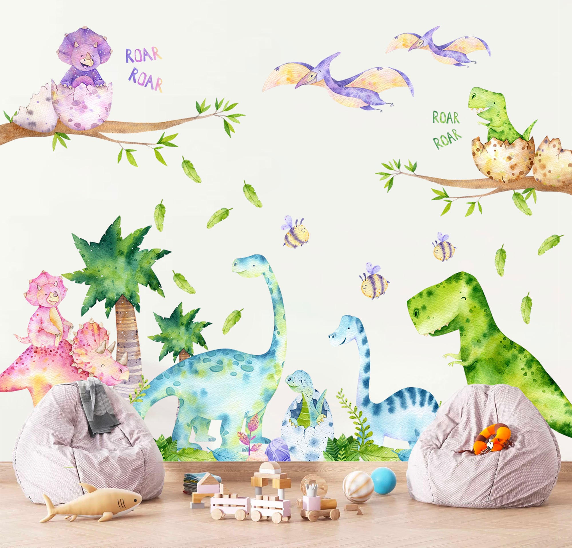 Watercolour Dinosaur Wall Decals for Kids Room – Jurassic Jungle ...