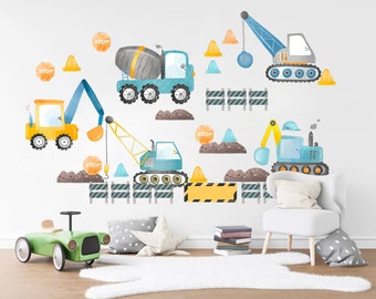 Construction Vehicles Wall Decal Set – Crane, Mixer, Bulldozer Stickers for Boys Room, Removable Fabric, Large & Small Sizes-BR289