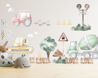 Country Style Construction Trucks Tractors Diggers Removable Wall Decal Boys Room Gift - BR097