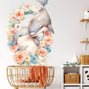 Duo of Dolphins in Floral Wreath Wall Decal - Removable Peel and Stick - BR447