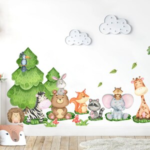 Forest Friends Baby Animals under Pine Wall Decal - Elephant Zebra Giraffe Racoon - BR234