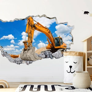 Mighty Excavator Breaks Through 3D Wall Decal - Construction Scene - BR301