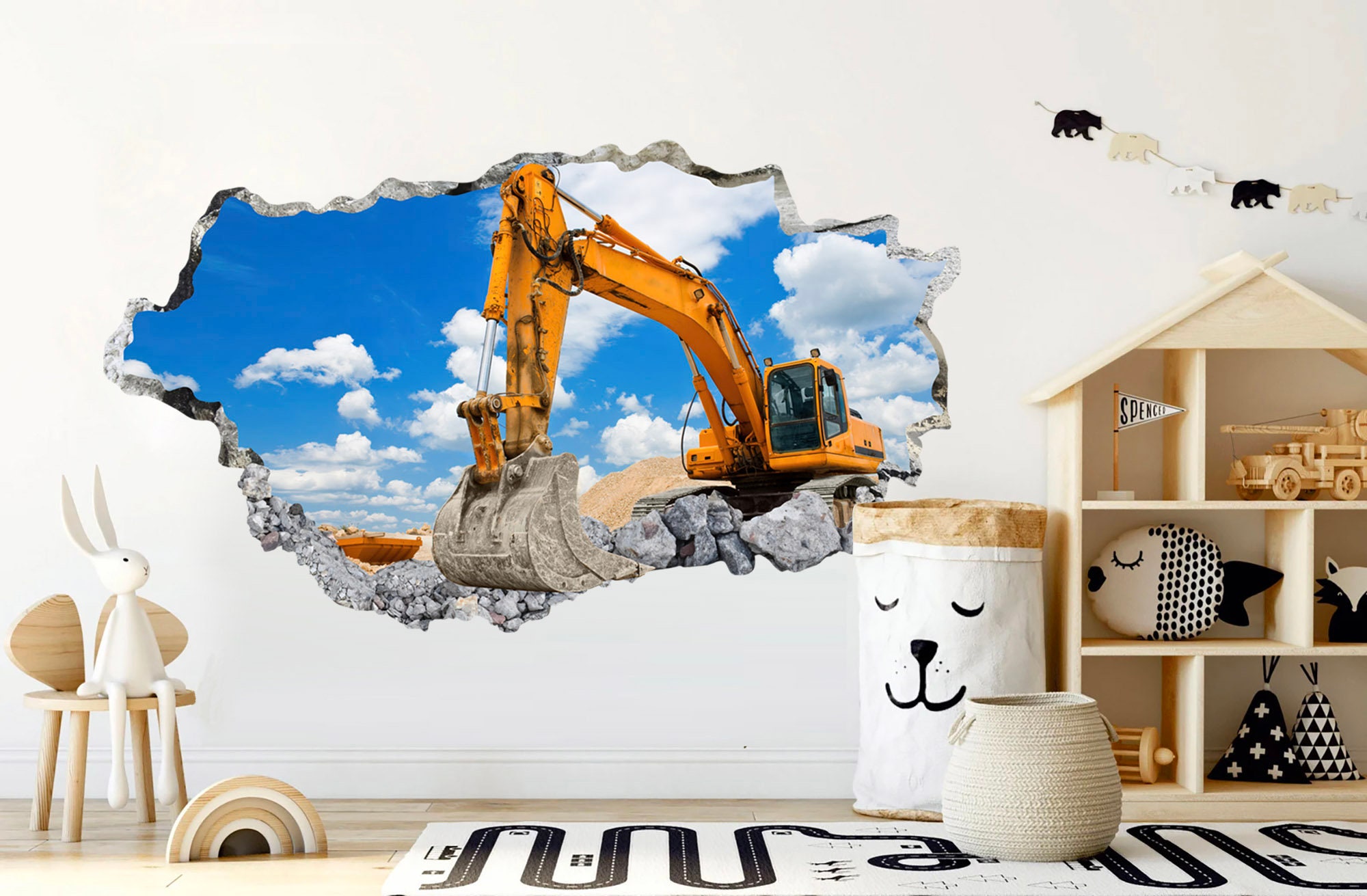 Mighty Excavator Breaks Through 3D Wall Decal - Construction Scene