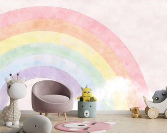 Peel and stick Rainbow Wall Mural - with Clouds - Vibrant Kids Room Decor - WM001