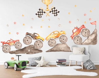May include: A watercolor illustration of monster trucks racing up hills. The trucks are red, yellow, and black. There are stars and checkered flags in the background. The illustration is perfect for a child's room.