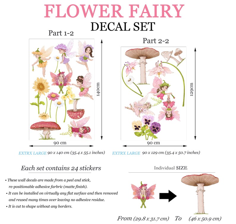 May include: Flower Fairy decal set featuring whimsical illustrations of fairies, flowers, and mushrooms. The set includes two panels, each 90 cm wide, with heights of 140 cm and 129 cm (35.4 x 55.1 inches and 35.4 x 50.7 inches). Each set contains 24 stickers.