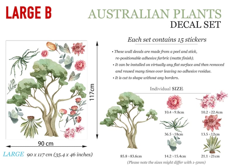 Large decal set showing a variety of Australian native plants and eucalyptus trees with specific measurements.