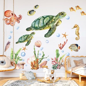 Underwater Adventure Wall Decal - Turtle Mom with Baby Swimming Among Octopus and Seahorse Friends - BR146