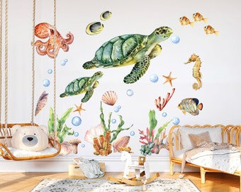 Underwater Adventure Wall Decal - Turtle Mom with Baby Swimming Among Octopus and Seahorse Friends - BR146