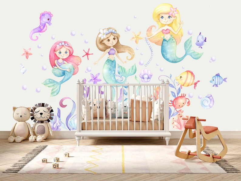 Mermaid Princess Watercolor Wall Decal - Playful Undersea Girls' Room ...