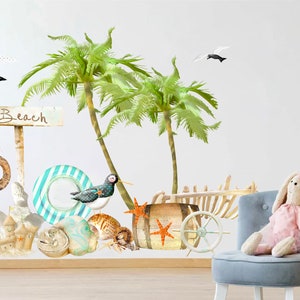 Beach Life Wall Decals: Palm Trees, Lifesaver, Sandcastle, Seashells, Barrel, Starfish - BR076