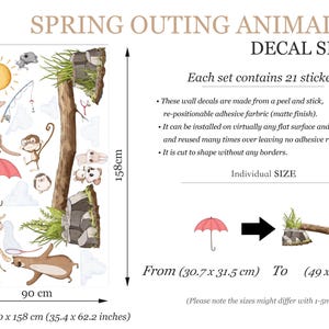 May include: A set of 21 spring-themed animal wall decals. The decals feature a variety of animals, including a kangaroo, a monkey, a giraffe, and a bear. The decals are cut to shape and can be repositioned on any flat surface. Each set contains 21 stickers.  The decals are made from a peel and stick, re-positionable adhesive fabric (matte finish).  The decals are cut to shape without any borders.  The decals are 90 cm by 158 cm.  The individual decals range in size from 30.7 cm by 31.5 cm to 49 cm by 127.4 cm.
