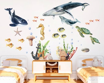 Marine Life Underwater Wall Decal - Whale Dolphin Sea Turtle Seahorse - Removable Peel and Stick - BR145