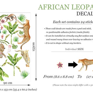 May include: A set of 24 African leopard animal wall decals. The decals are made from a peel and stick, re-positionable adhesive fabric. The decals are cut to shape without any borders. The set includes a variety of sizes, ranging from 8.6 x 8.8 cm to 27 x 65.3 cm. The decals feature a leopard, a monkey, and tropical plants. The decals are perfect for adding a touch of nature to any room.