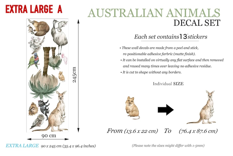 Extra large Australian animals decal set showing various sizes including kangaroos, wombats, koalas, and emus.